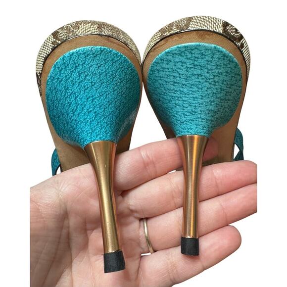 Auth Gucci GG Canvas Logo Turquoise Blue Strappy Heel Sandals Size 36 C W/Box - Picture 7 of 15